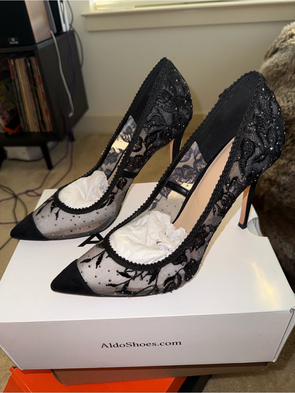 Aldo Black Lace Pointed-Toe Stiletto Heels